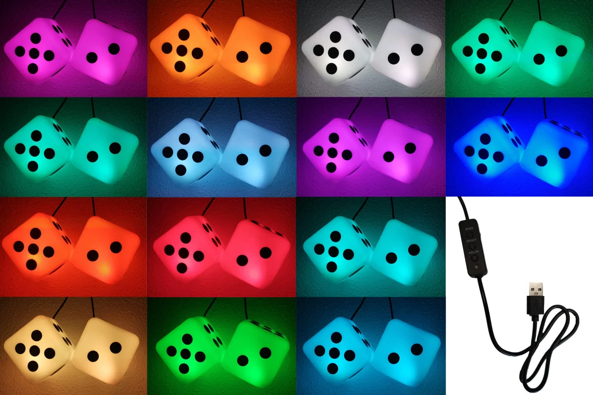 led beleuchtete fuzzy dice wuerfel im set rgb mit usb rot blau gruen weiss usw